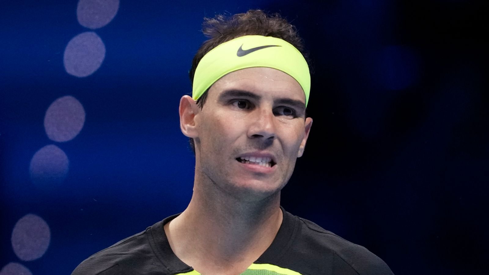 Spain's Rafael Nadal reacts after missing a point against United States' Taylor Fritz during their singles tennis match of the ATP World Tour Finals, at the Pala Alpitour in Turin, Italy, Sunday, Nov. 13, 2022. (AP Photo/Antonio Calanni)