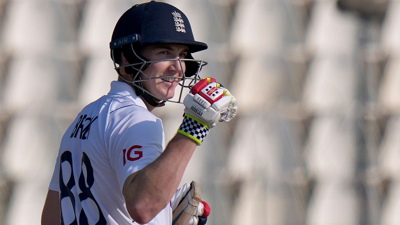 England's Harry Brook celebrates after scoring century during the third day of the second test cricket match between Pakistan and England, in Multan, Pakistan, Sunday, Dec. 11, 2022. (AP Photo/Anjum Naveed)