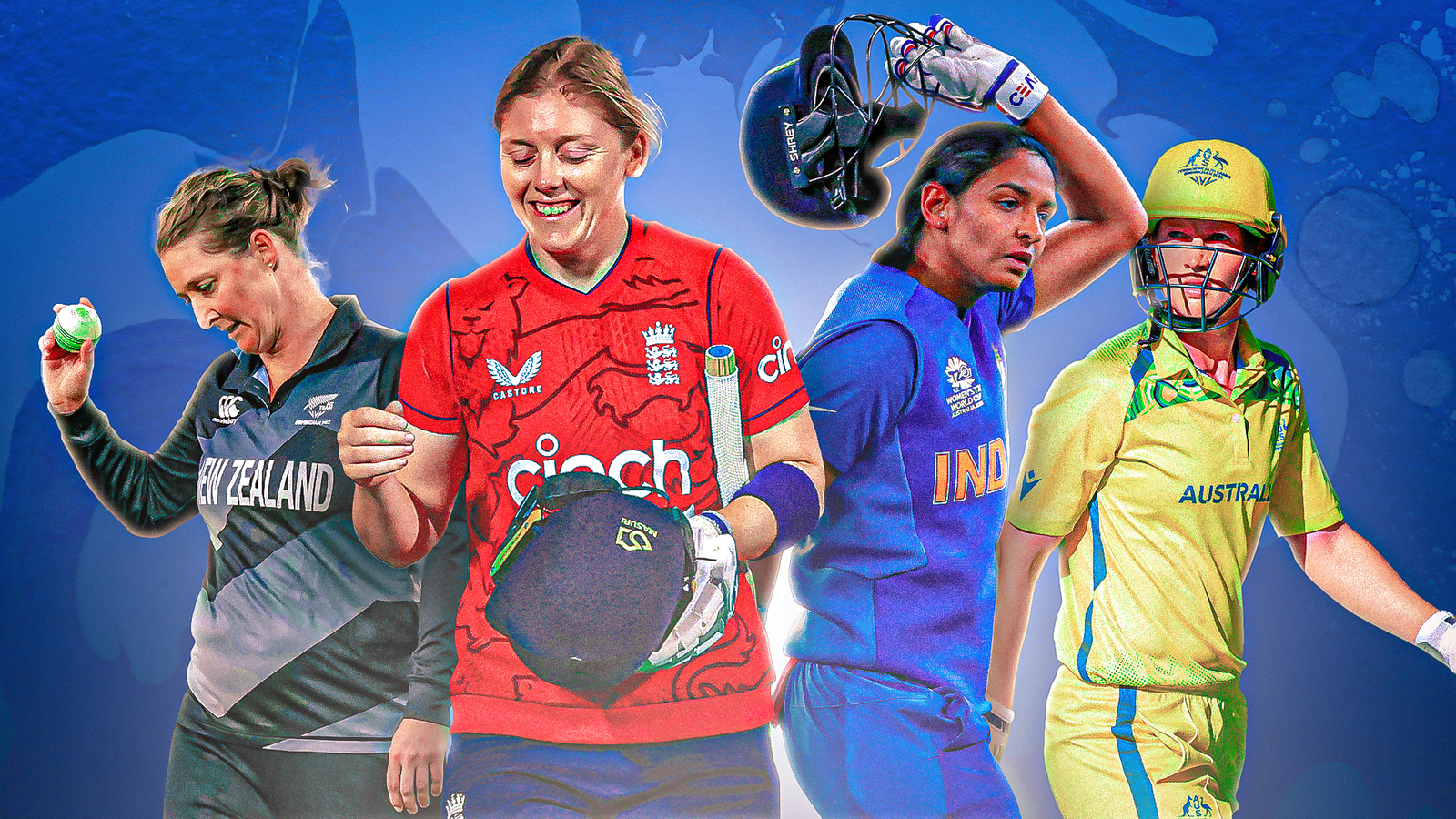 Womens T20 World Cup preview piece hero image. Heather Knight, Sophie Devine, Harmanpreet Kaur and Meg Lanning