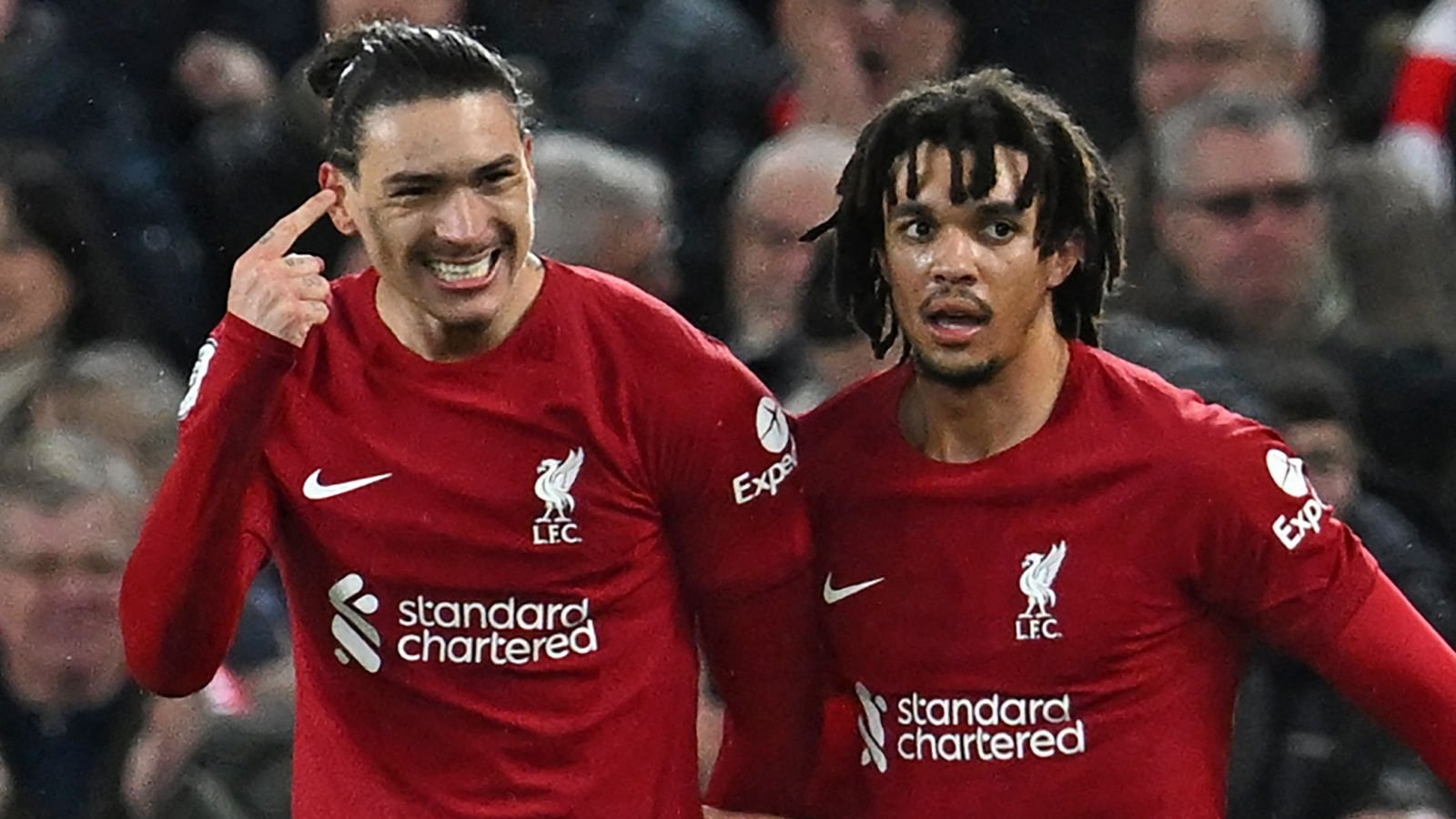 Darwin Nunez celebrates with Trent Alexander-Arnold after putting Liverpool 5-0 up against Manchester United