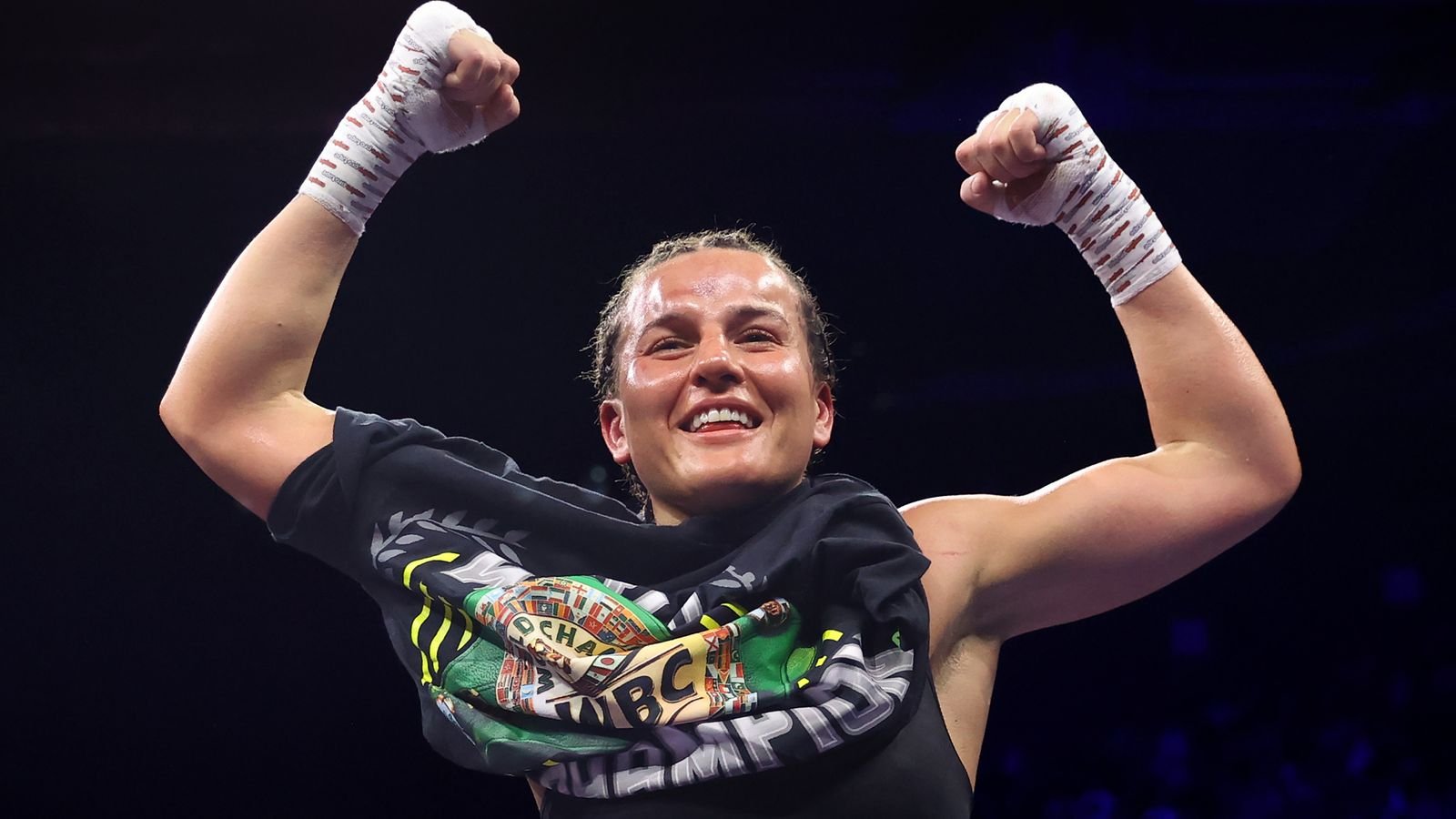 Chantelle Cameron celebrates beating Katie Taylor
