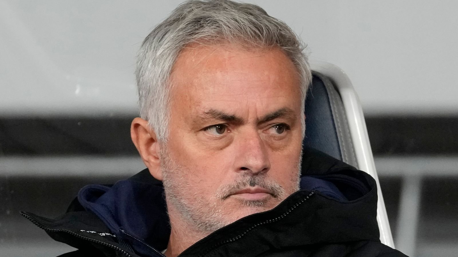 Roma's head coach Jose Mourinho sits prior to his team's friendly soccer match against Yokohama F. Marinos in Tokyo, Monday, Nov. 28, 2022.(AP Photo/Shuji Kajiyama)