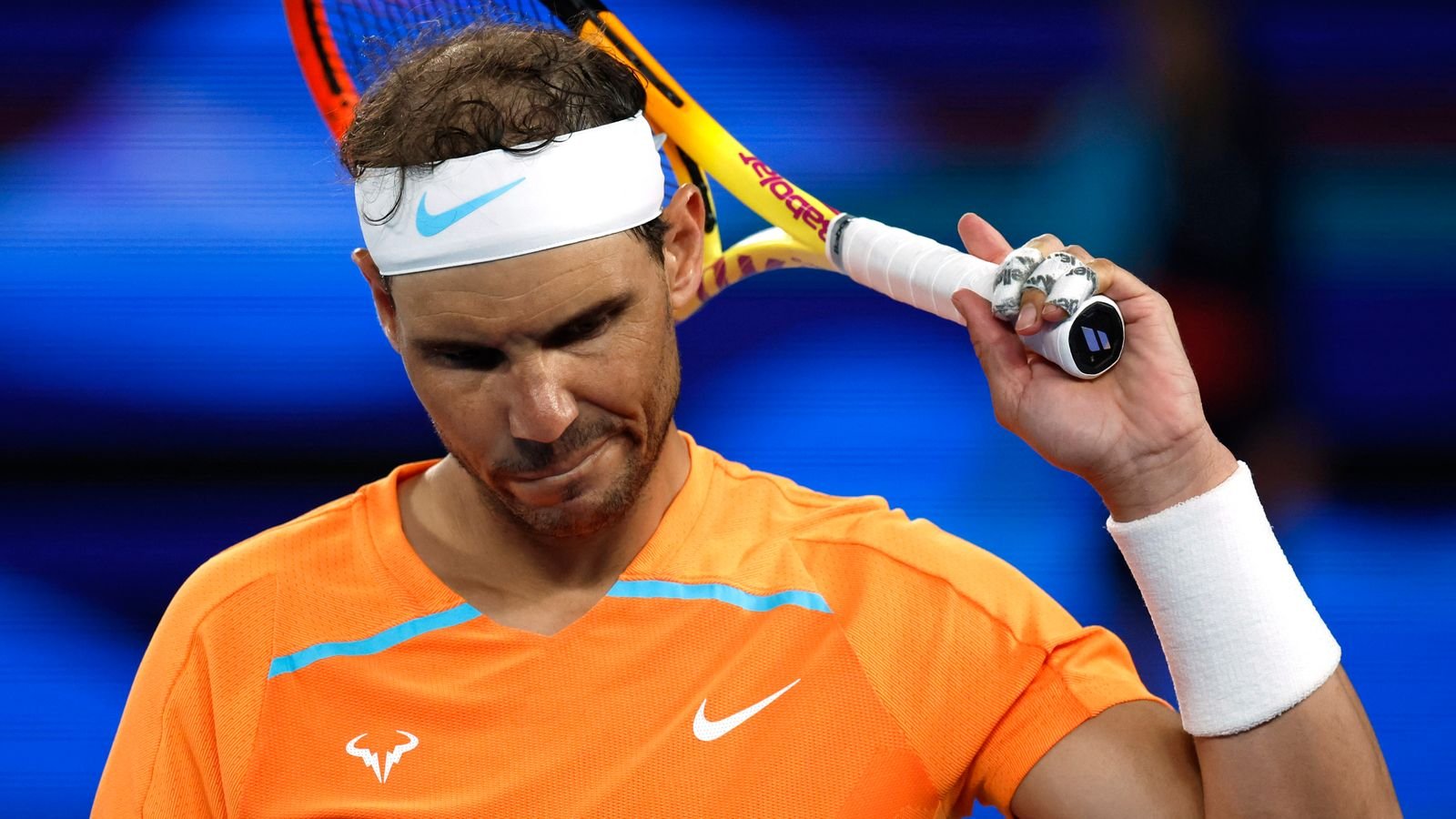 Rafael Nadal of Spain reacts during his second round match against Mackenzie McDonald of the U.S., at the Australian Open tennis championship in Melbourne, Australia, Wednesday, Jan. 18, 2023. (AP Photo/Asanka Brendon Ratnayake)