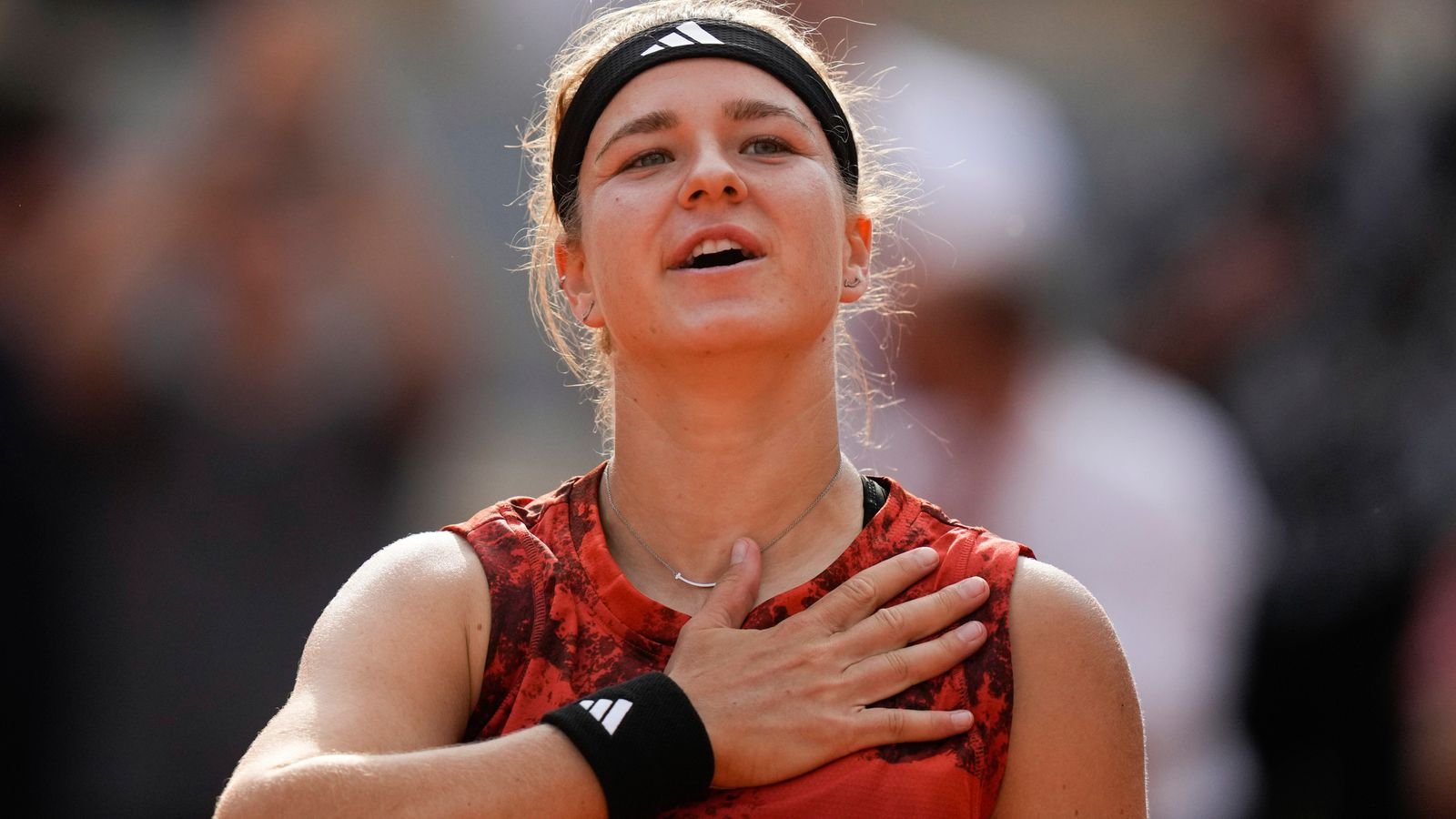 Karolina Muchova of the Czech Republic celebrates winning her semifinal match of the French Open tennis tournament against Aryna Sabalenka of Belarus in three sets, 7-6 (7-5), 6-7 (5-7), 7-5, at the Roland Garros stadium in Paris, Thursday, June 8, 2023. (AP Photo/Thibault Camus)
