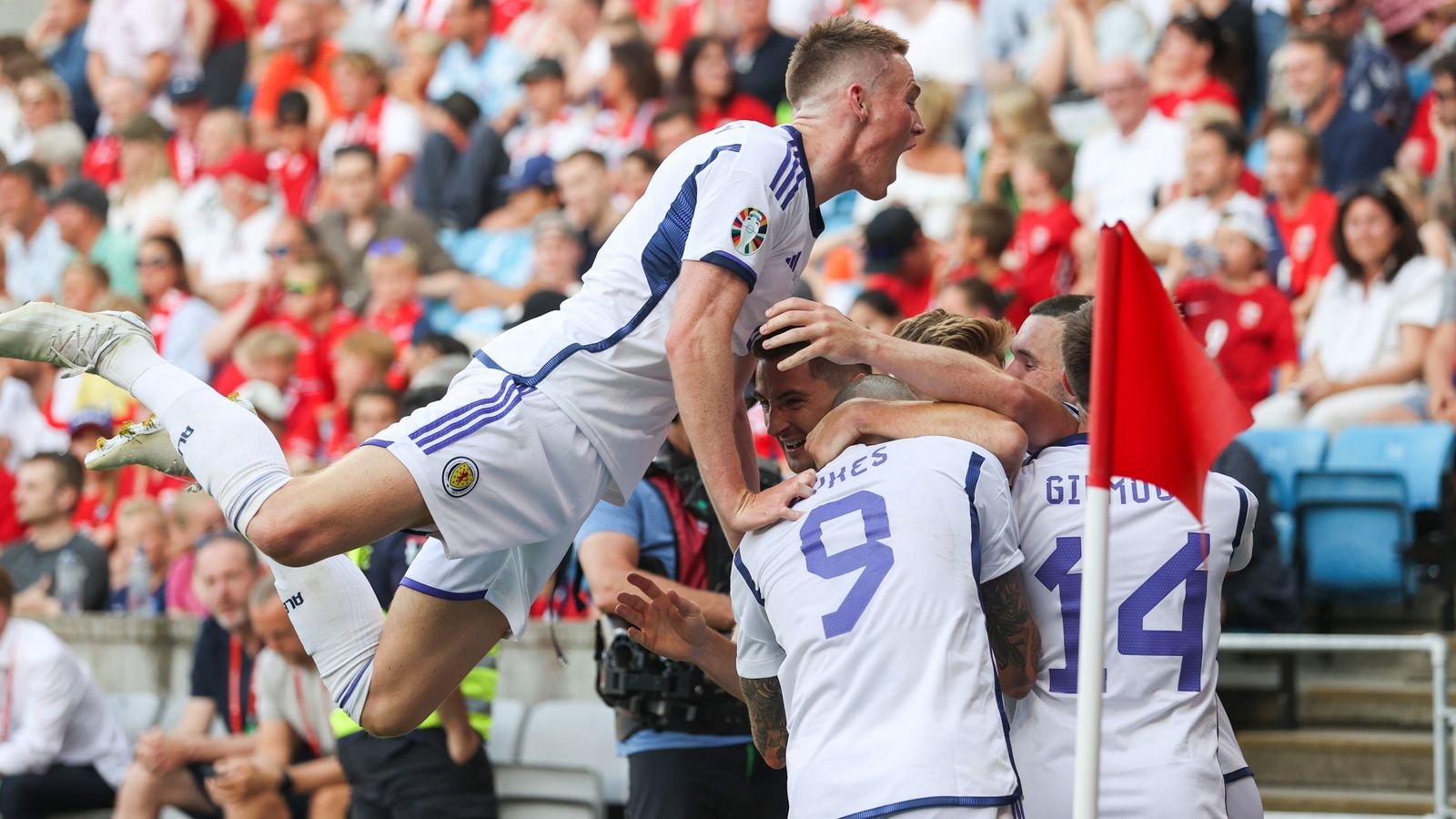 OSLO, NORWAY - JUNE 17: Scotland players celebrate with Kenny McLean after he makes it 2-1 during a UEFA Euro 2024 Qualifier match between Norway and Scotland at the Ullevaall Stadion, on June 17, 2023, in Oslo, Norway.  (Photo by Craig Williamson / SNS Group)