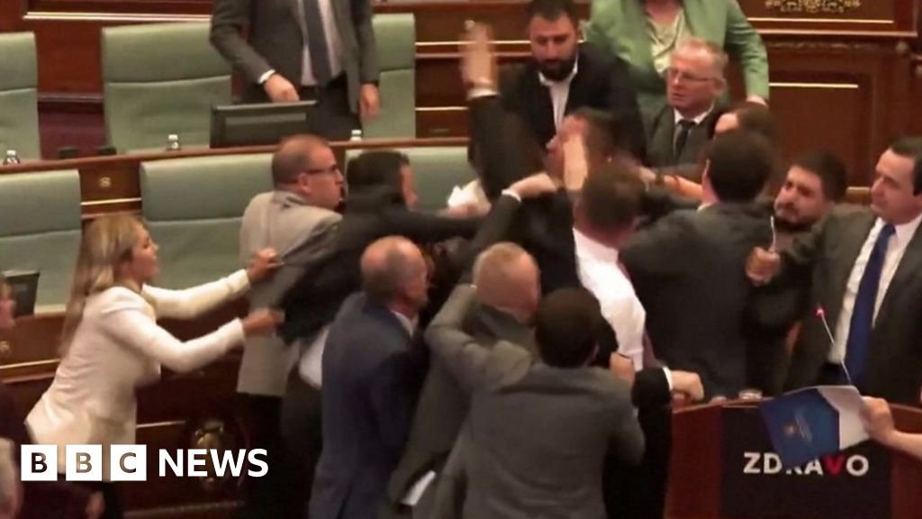 Watch: Drink thrown as brawl breaks out in Kosovo parliament
