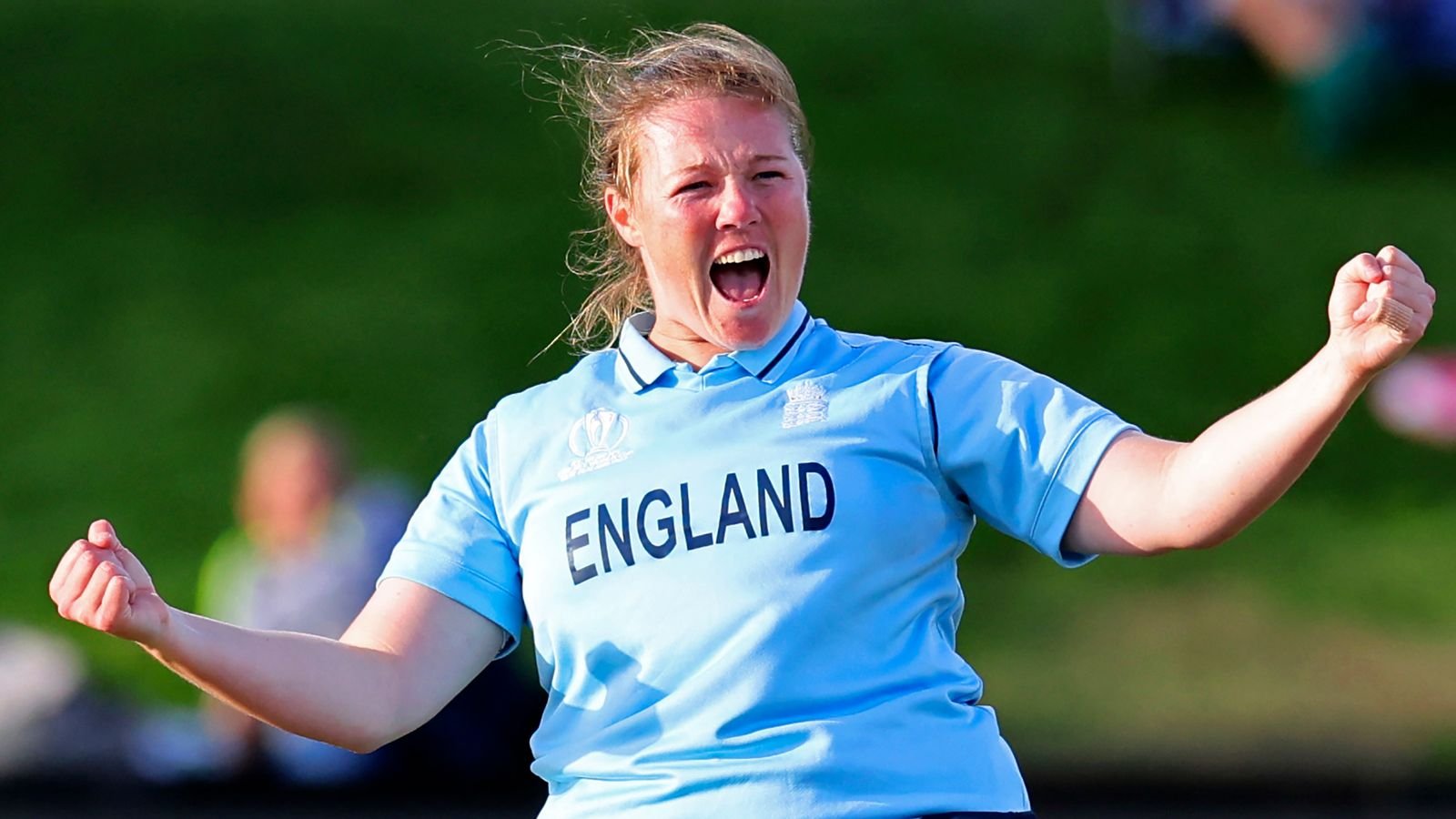 Anya Shrubsole celebrates after dismissing Laura Wolvaardt for a duck