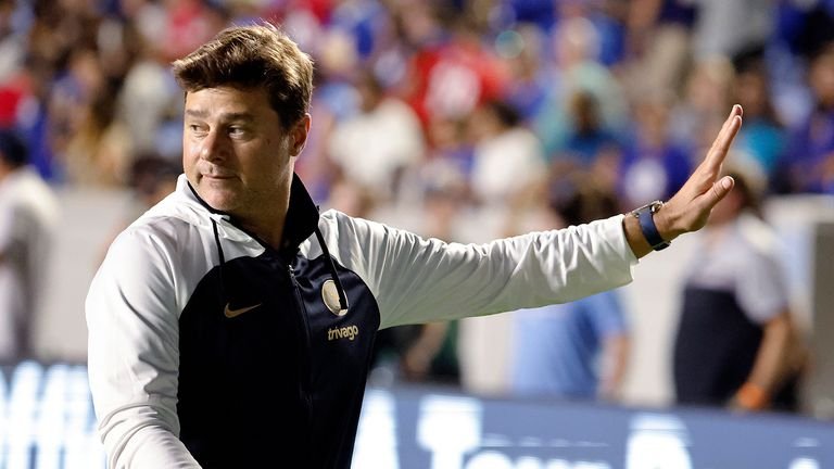 Chelsea coach Mauricio Pochettino waves to fans as he leaves the field following the team's club friendly soccer match against Wrexham on Wednesday, July 19, 2023, in Chapel Hill, N.C. (AP Photo/Karl B DeBlaker)