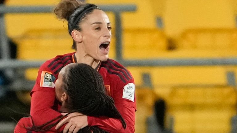 Spain celebrates their first goal during the Women's World Cup Group C soccer match between Spain and Costa Rica in Wellington, New Zealand, Friday, July 21, 2023. (AP Photo/John Cowpland )