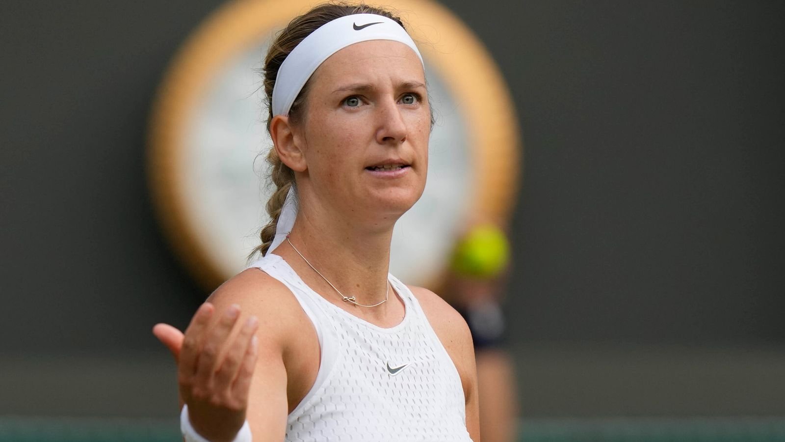 Victoria Azarenka of Belarus gestures after missing a point during the women's singles match against Ukraine's Elina Svitolina on day seven of the Wimbledon tennis championships in London, Sunday, July 9, 2023. (AP Photo/Alastair Grant)